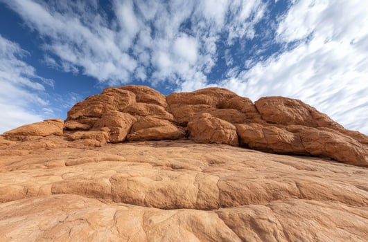 Rugged desert landscape with dramatic rock formations photo