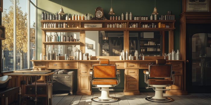 Take a moment to explore the charm of a beautifully lit vintage barber shop that features classic wooden chairs, complemented by a wellstocked shelf of various highquality hair care products photo