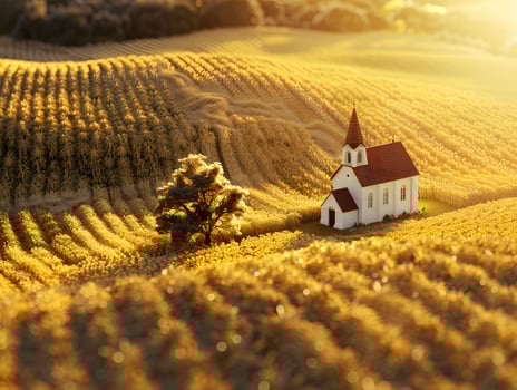 Small church in grassy ecoregion field surrounded by natural landscape photo