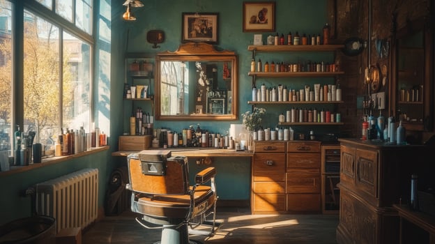 A cozy hair salon with vintage charm, featuring classic barber chairs, organized shelves of highquality hair products, and warm natural light that enhances the inviting atmosphere photo