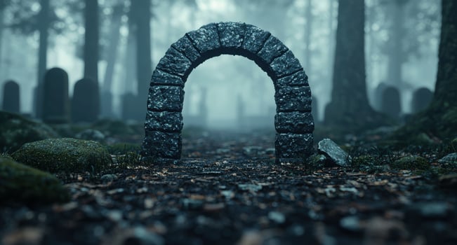 Mysterious stone arch in enchanted forest photo
