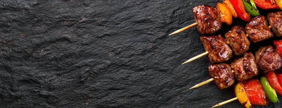 Grilled meat and vegetable skewers on dark slate background photo