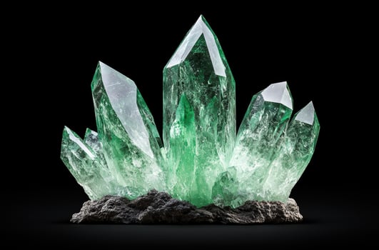 Vibrant green crystal cluster on black background photo