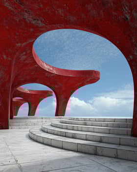 Architectural abstract with red concrete arches and steps photo