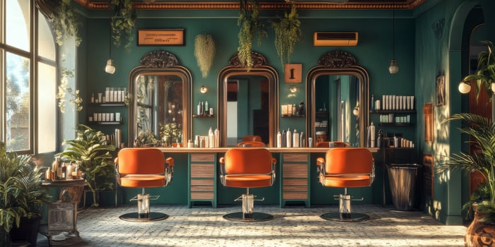 A vibrant hair salon that showcases stylish decor, vintage mirrors, and an abundance of lush, green plants photo