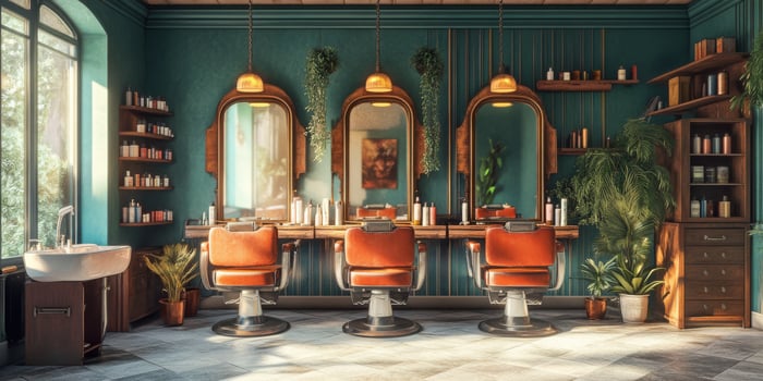 This stylish hair salon features unique antique decor, comfy seating, and vibrant greenery, creating a relaxing atmosphere for all clients seeking a rejuvenating beauty experience photo