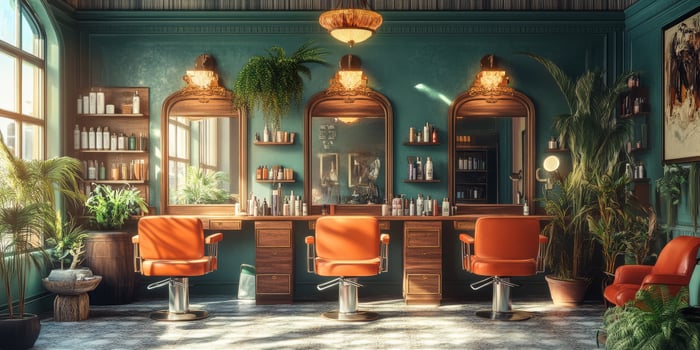 A charming hair salon featuring vintage decor, orange chairs, and lush plants, perfect for beauty and relaxation photo