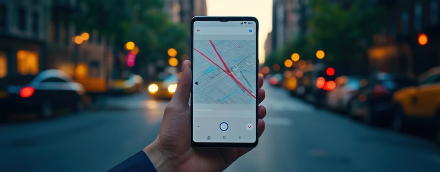 hand holding smartphone displaying map on city street at night photo