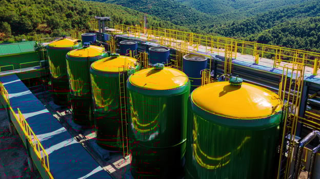 Large green tanks with yellow tops at biodiesel plant surrounded by nature photo