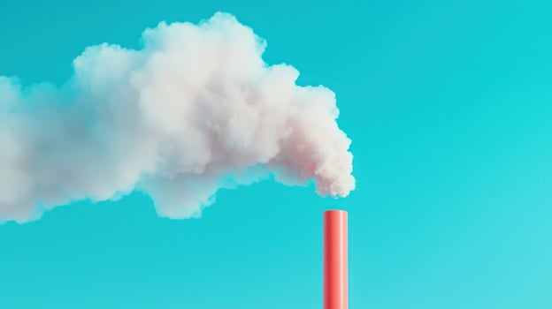 Industrial smokestack releasing steam against bright blue sky photo