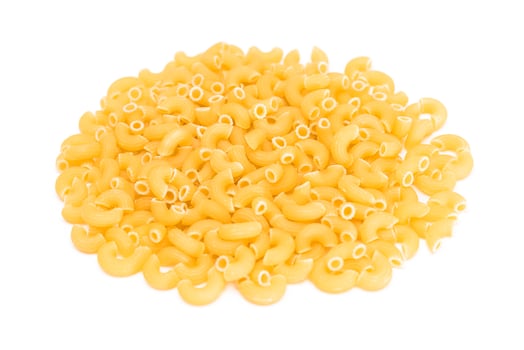 A Heap of Uncooked Chifferi Rigati Pasta Isolated on White Background. Fat and Unhealthy Food. Classic Dry Macaroni Texture. Italian Culture and Cuisine. Raw Pasta - Isolation photo