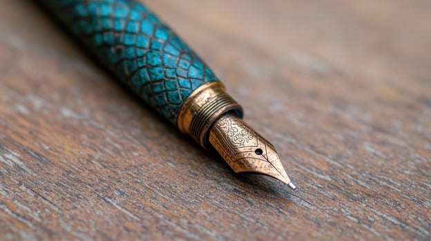 Ornate fountain pen on wooden table photo