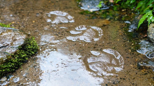 A muddy puddle with footprints in the water photo