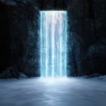 A waterfall is shown in the dark with a light coming from it photo