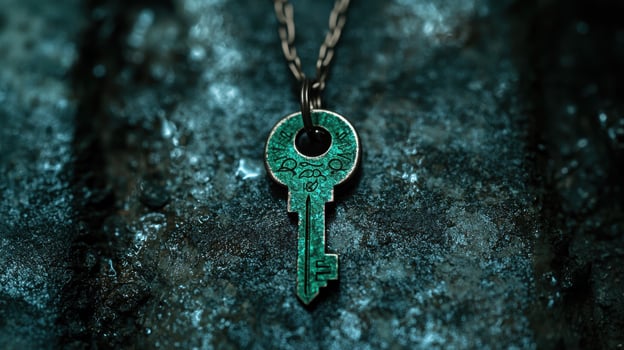 Mysterious green key pendant on dark textured background photo