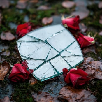 Broken mirror with red roses on the ground photo