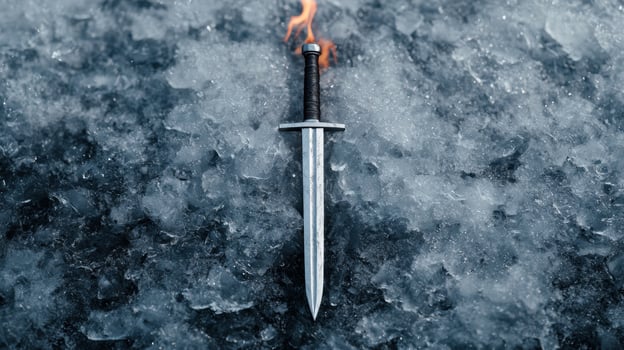 A sword is on fire in the snow photo