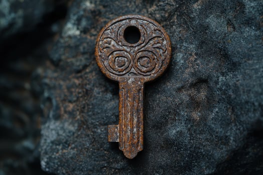 Antique ornate key on rocky surface photo