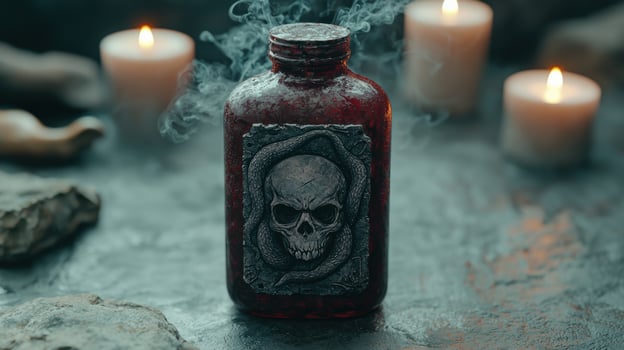 Spooky potion bottle with skull decoration photo