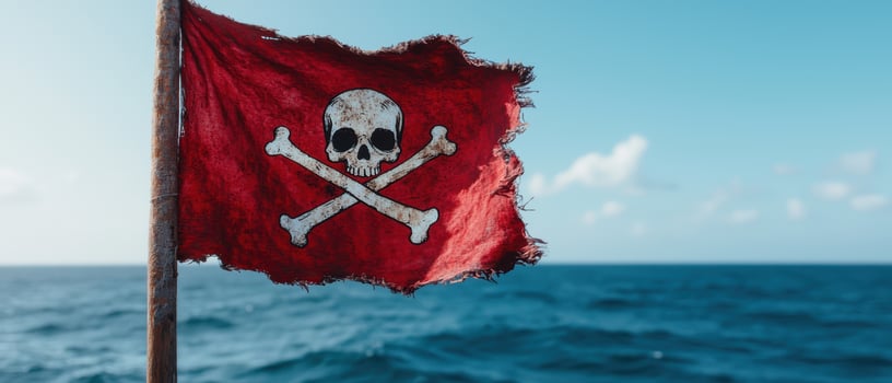 Pirate flag waving in the wind over the ocean photo