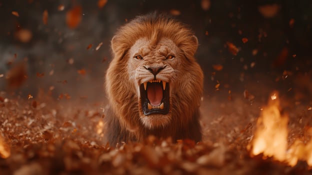 Fierce lion roaring in the wild photo