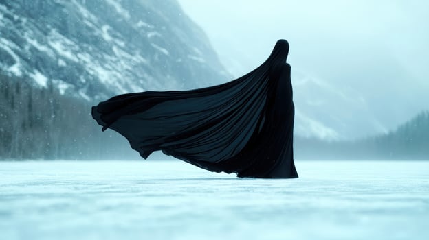 Mysterious figure in flowing black cloak on frozen lake photo
