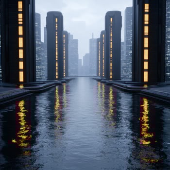 Futuristic city skyline with illuminated skyscrapers and reflective water photo