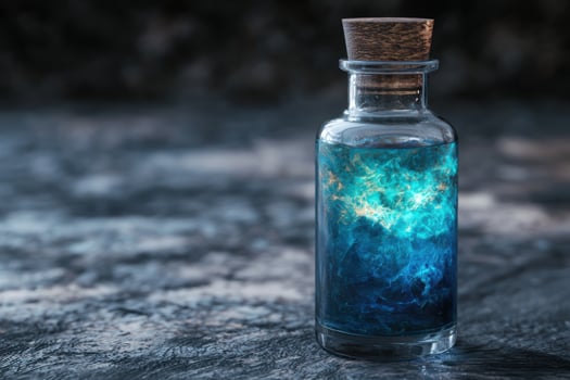 Mystical potion in glass bottle with blue swirling liquid photo