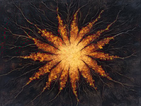 Fiery autumn leaves burst from dark branches photo