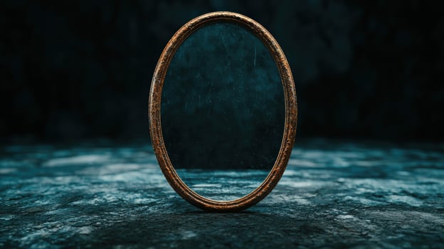 An oval mirror on a dark background photo