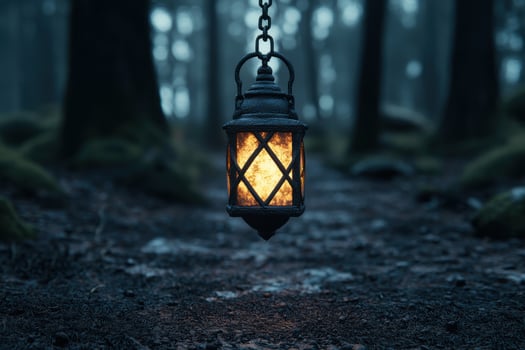 A lantern hanging in the woods photo