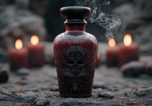 Ornate skull themed liquor bottle with smoke photo