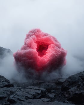Dramatic pink cloud of smoke over rocky landscape photo