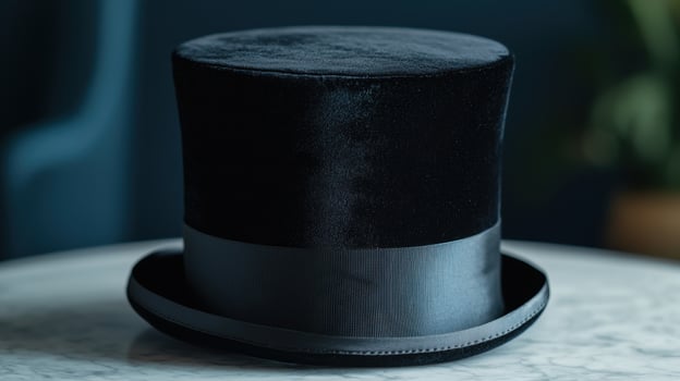 Elegant black top hat on a wooden table photo