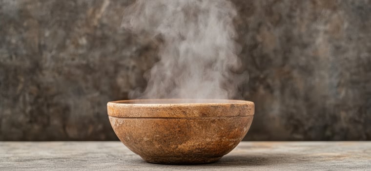 Steaming bowl of soup or stew on wooden table photo