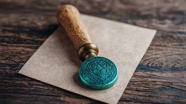 Vintage stamp and paper on wooden table photo