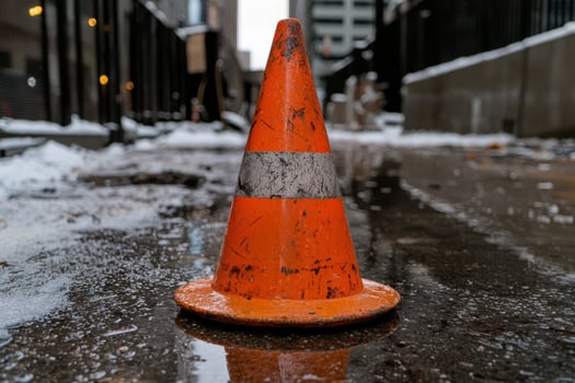 Bright orange traffic cone in snowy urban setting photo