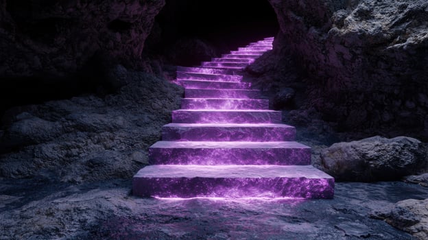 Glowing purple staircase in dark cave photo