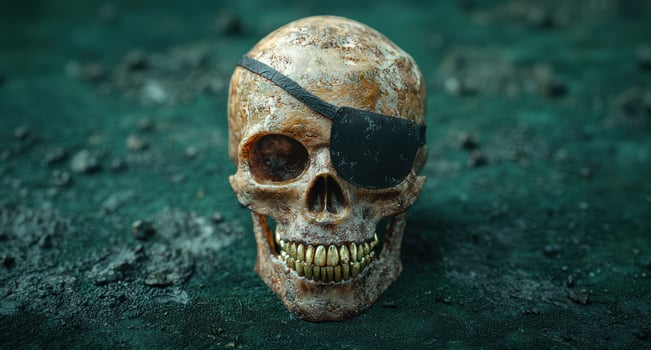 Weathered skull with eye patch on dark background photo
