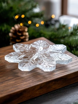 Sparkling snowflake ornament on wooden table with christmas lights photo