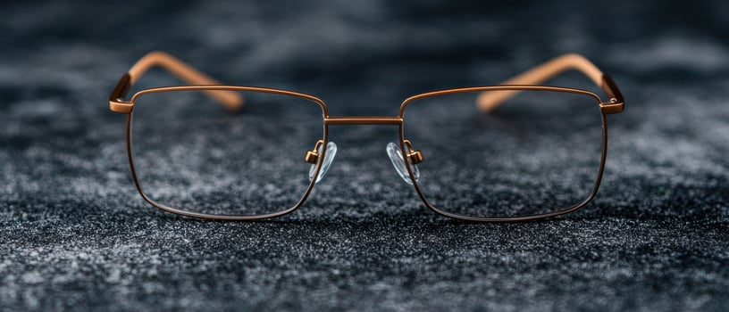 Stylish bronze framed eyeglasses on dark textured background photo