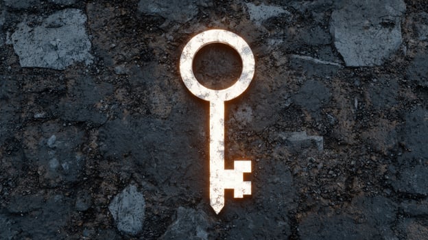 Glowing old key on dark stone background photo