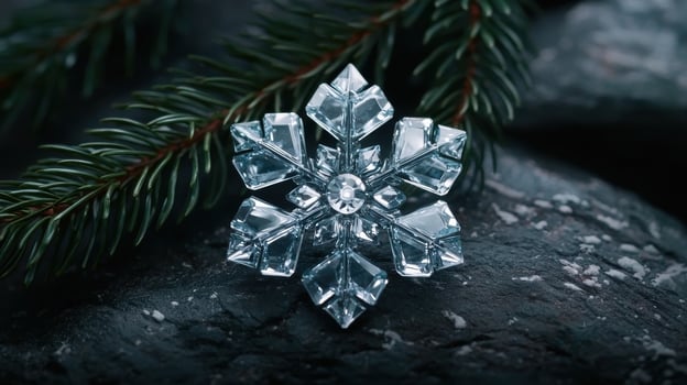 Intricate crystal snowflake ornament on pine branches photo