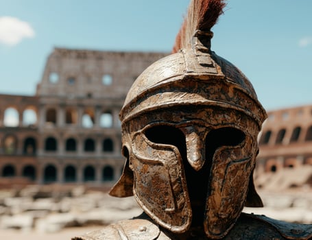 Ancient roman helmet in front of the colosseum photo