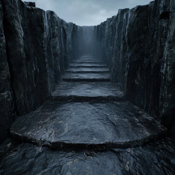 Mysterious dark rocky canyon with flowing water photo