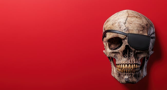 Creepy skull with sunglasses on red background photo