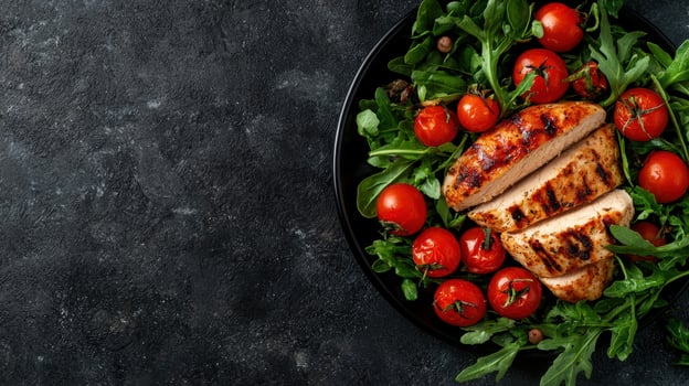 Healthy grilled chicken salad with fresh tomatoes photo