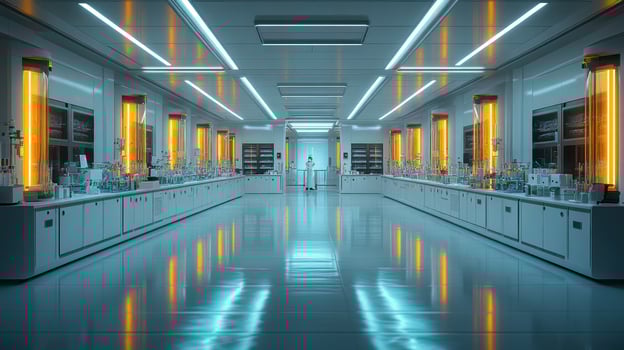 A long hallway with lots of lights and lots of chemicals photo