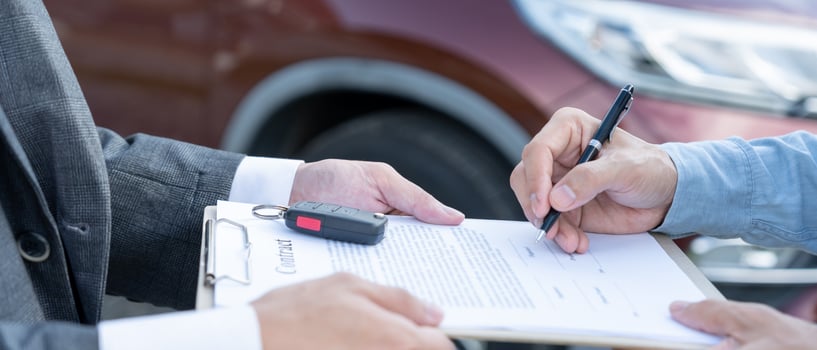 lease, rental car, sell, buy. Dealership send contract and car keys to new owner to sign. Sales, loan credit financial, rent vehicle, insurance, renting, Seller, dealer, installment, car care business photo