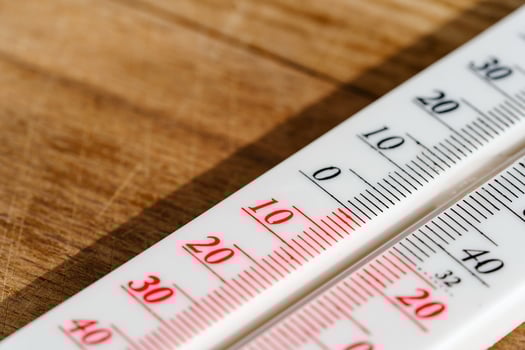 White Thermometer On Wooden Surface Showing A Temperature Of 15 Degrees Celsius photo